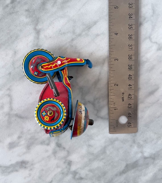Vintage Miniature Tin Windup Motorcycle Trike Toy (WORKS, Missing