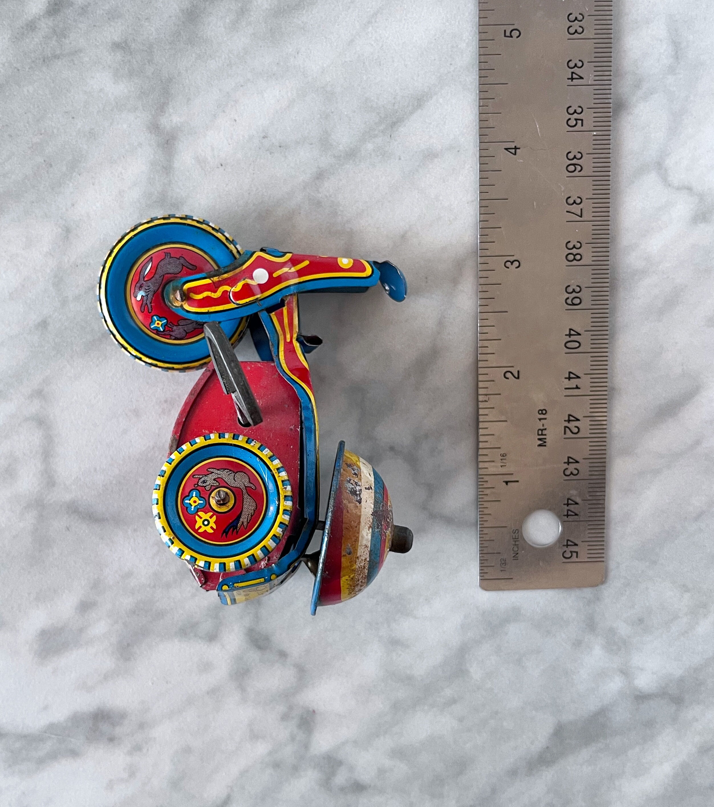 Vintage Miniature Tin Windup Motorcycle Trike Toy (WORKS, Missing