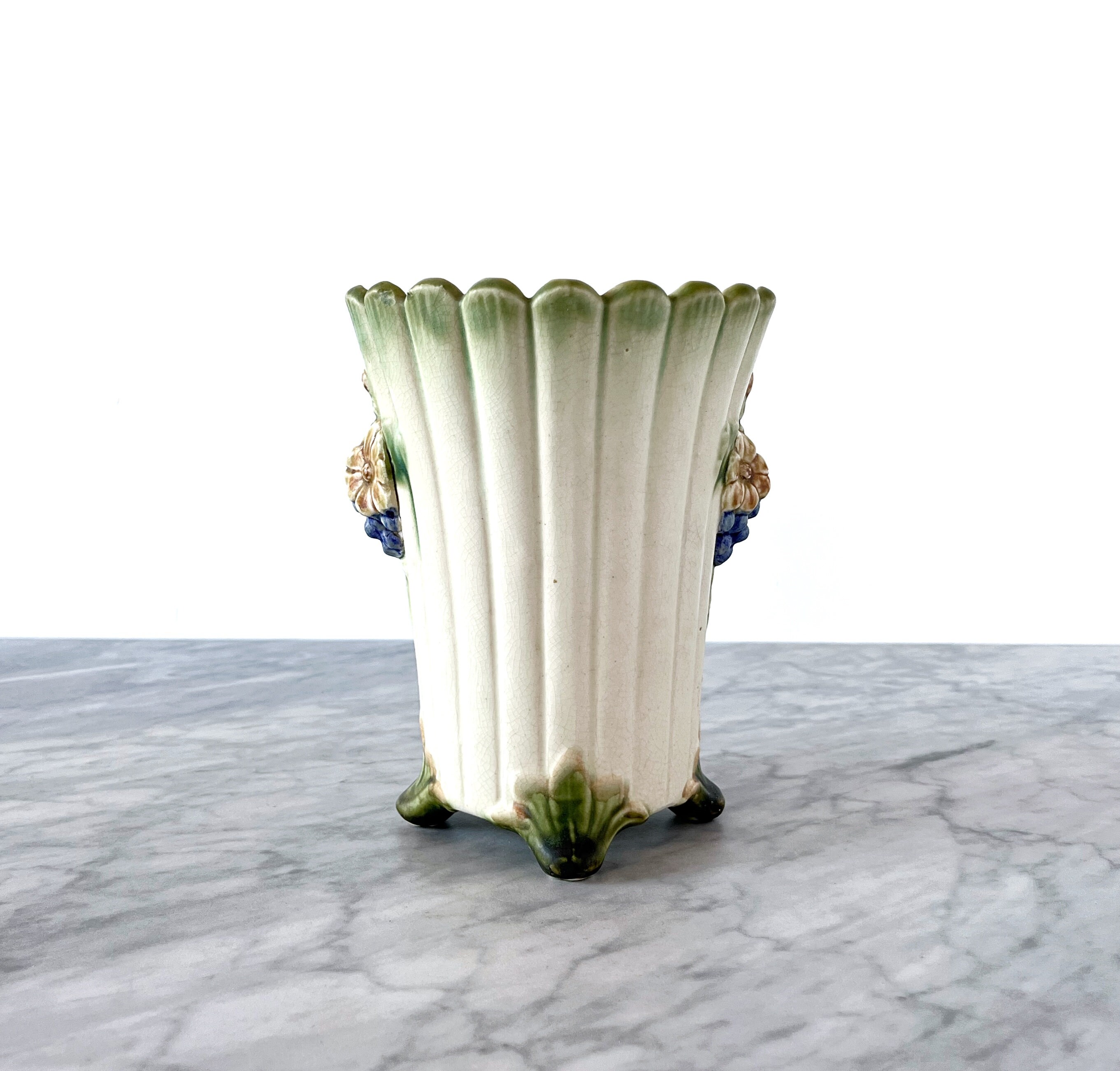 Antique 1920s Weller Florenzo Fluted Floral Vase - Vintage Ceramic