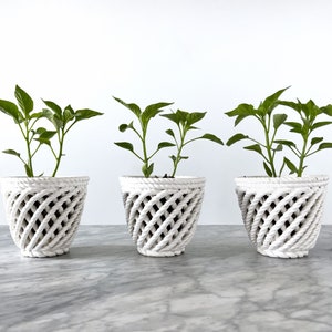 Set of 3 Mid Century Woven Ceramic Planter Pots - Stoneware Rope Basket White
