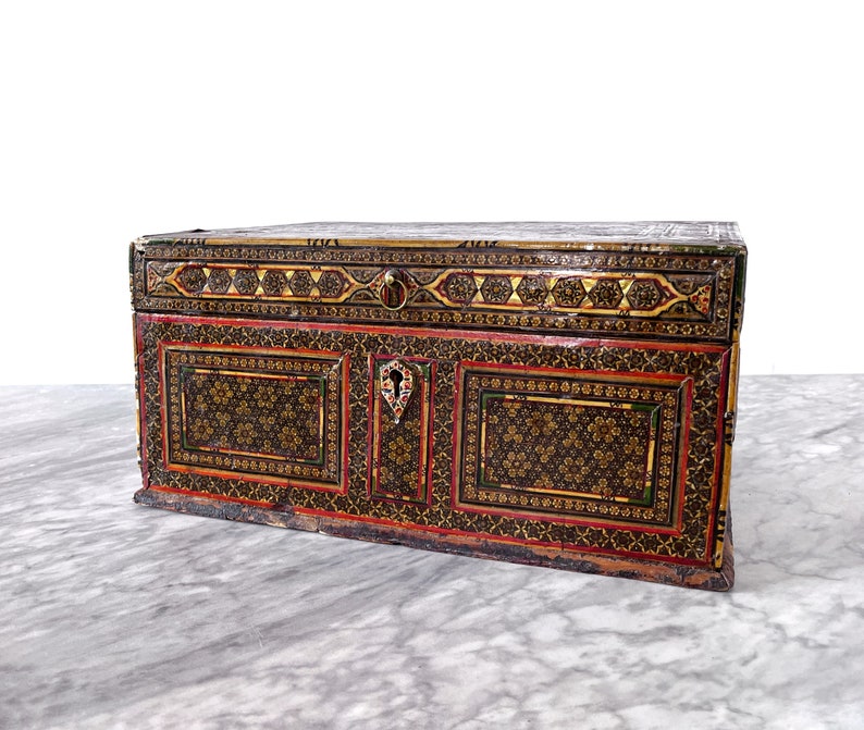 Antique 14" Khatam Khari Star Inlay Wooden Jewelry Chest Box - 18th 19th Century Persian Marquetry Global Folk Art Boho Style image 1