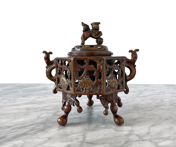 Antique 1900s Japanese Bronze Censer Incense Burner - Foo Lion Dog