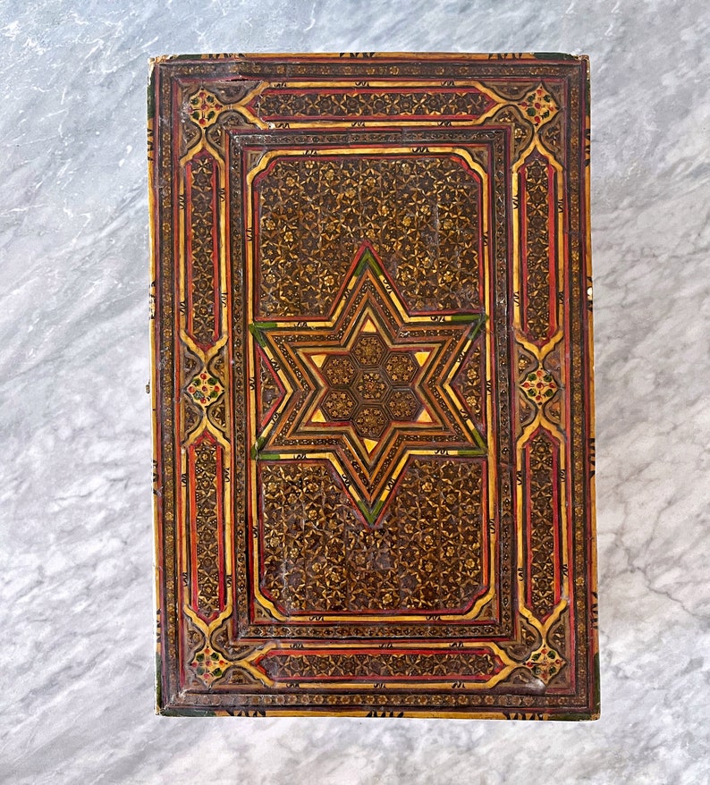 Antique 14" Khatam Khari Star Inlay Wooden Jewelry Chest Box - 18th 19th Century Persian Marquetry Global Folk Art Boho Style image 5