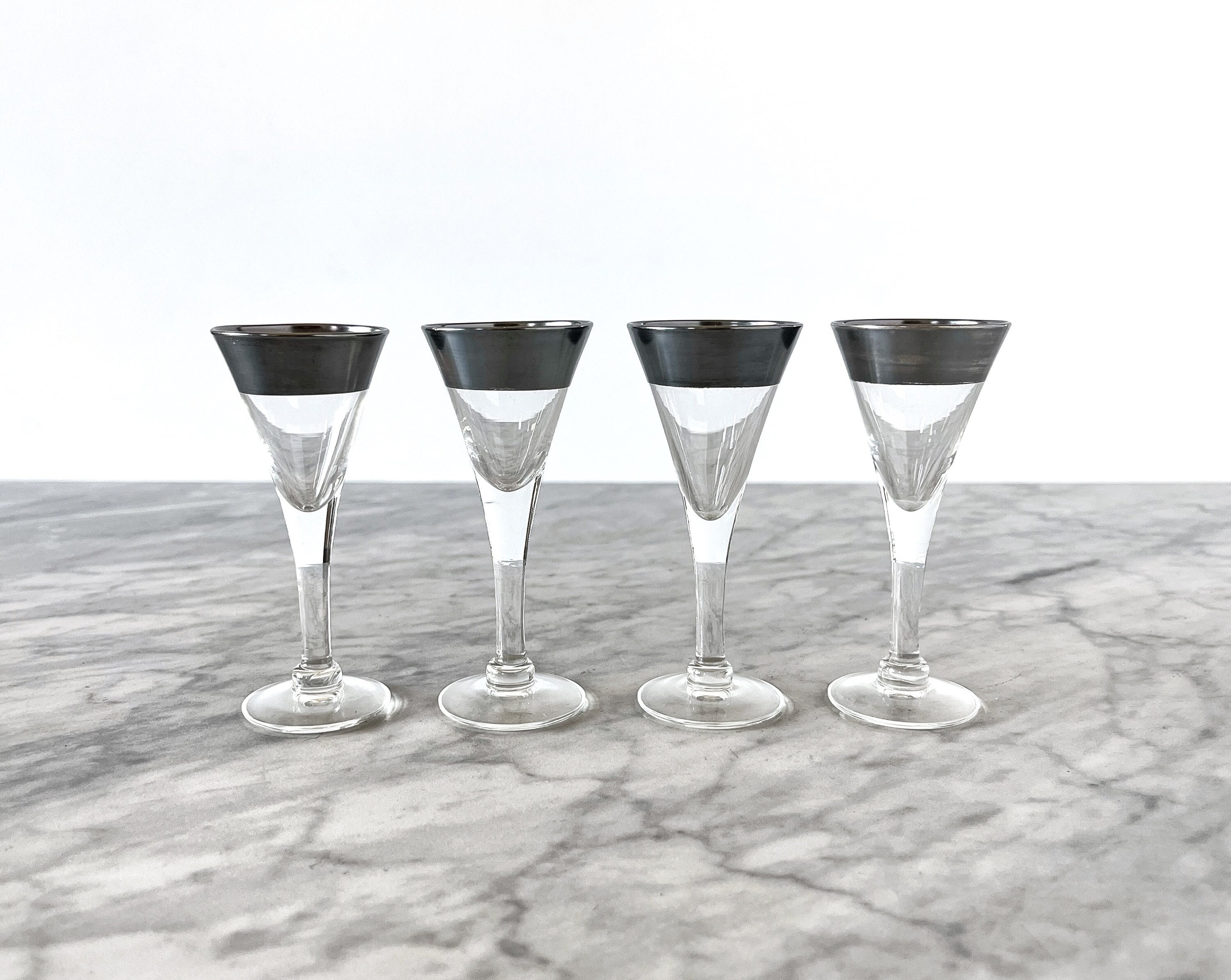 1950s Set of 4 Dorothy Thorpe Silver Band Cordial Glasses - Mid