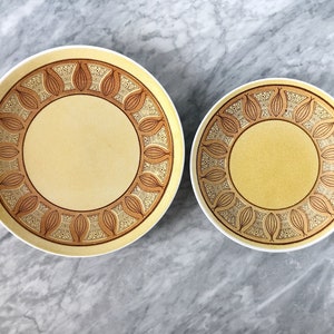 Set of 2 1970s Anchor Hocking Honey Gold Ironstone Platter & Plate — Atomic Mid Century MCM Stoneware Serving
