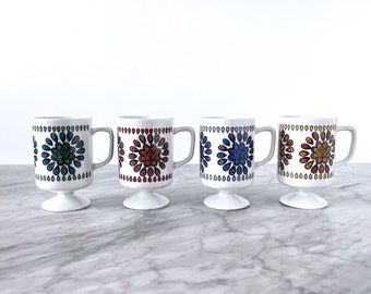 Set of 4 Vintage Floral Japanese Pedestal Mugs - Midcentury 60s 70s Style Boho Coffee Tea Cup
