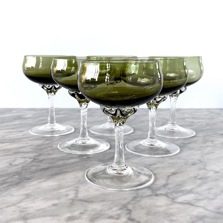 Vintage 1970s Set of 6 Sasaki Coronation Glasses - Green Hand