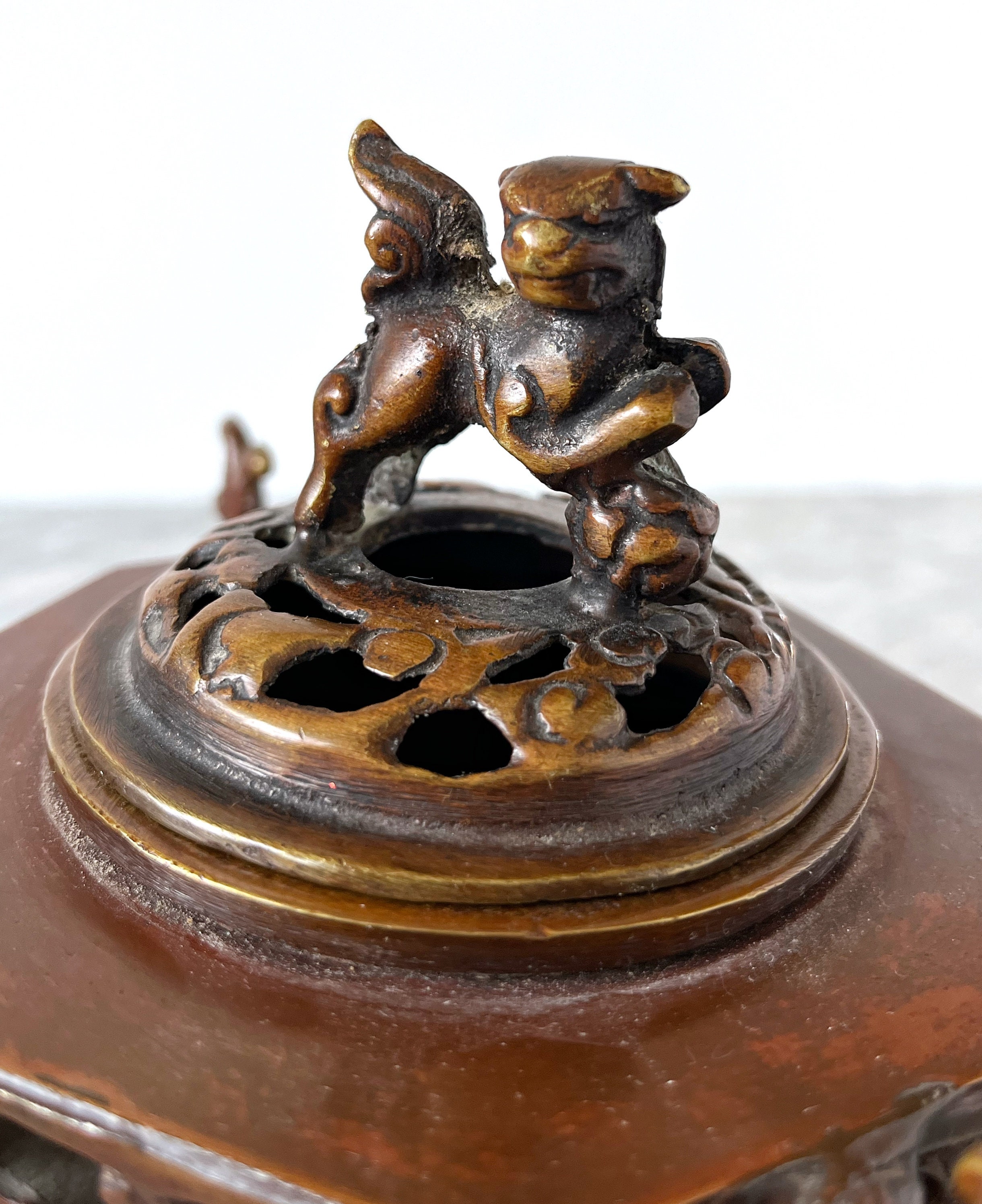 Antique 1900s Japanese Bronze Censer Incense Burner - Foo Lion Dog