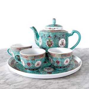 Vintage Famille Rose Longevity Chinese Porcelain Tea Set - Wan Shou Wu Jiang Green Floral Asian Kitchen Serving