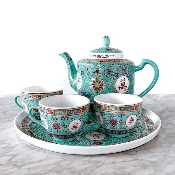 Vintage Famille Rose Longevity Chinese Porcelain Tea Set - Wan