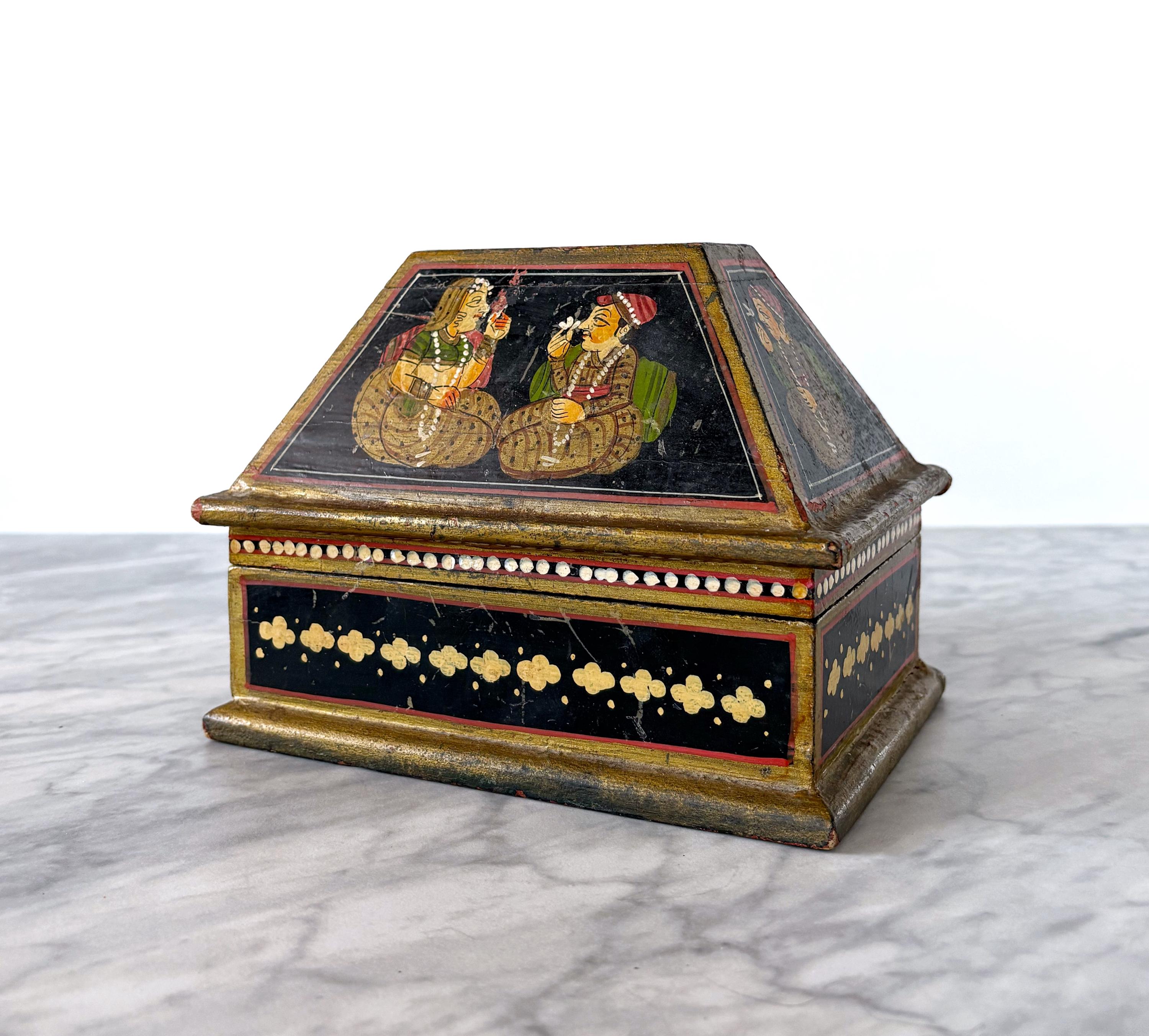 Vintage Hand Painted Indian Mughal Jewelry Chest Trinket Box