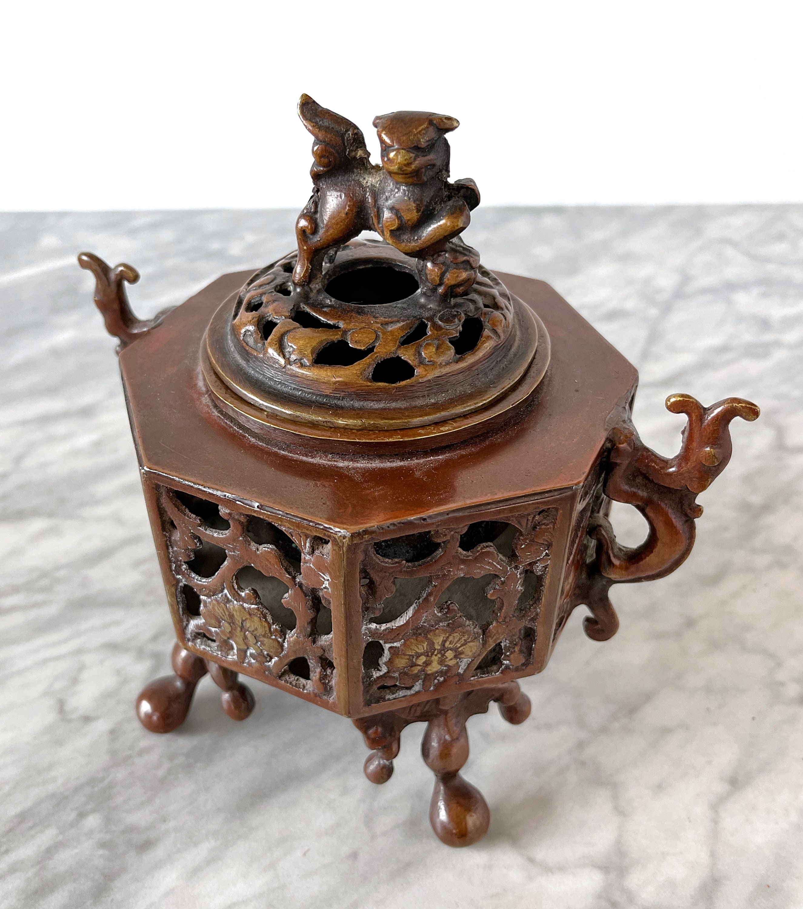 Antique 1900s Japanese Bronze Censer Incense Burner - Foo Lion Dog