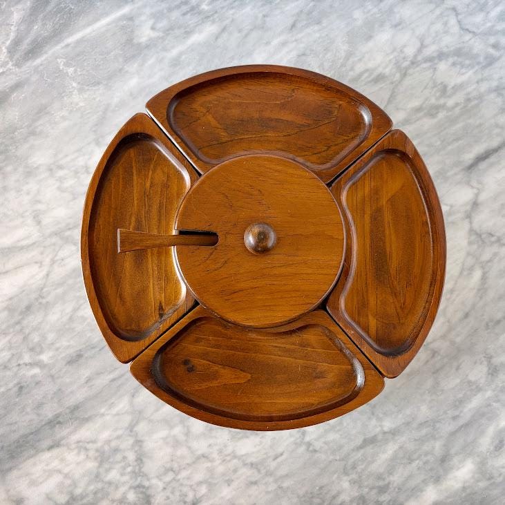 Vintage 1970s Kennedy Brothers Wooden Lazy Susan With Snack Bowls