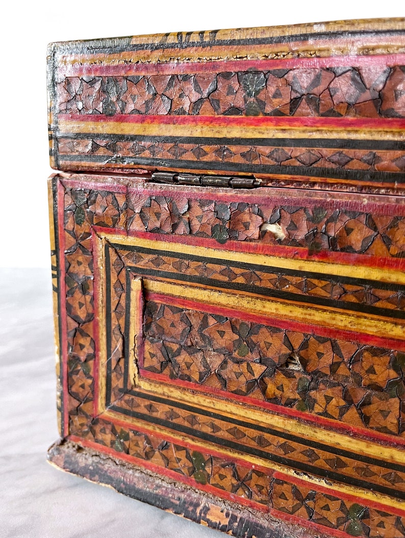 Antique 14" Khatam Khari Star Inlay Wooden Jewelry Chest Box - 18th 19th Century Persian Marquetry Global Folk Art Boho Style image 2