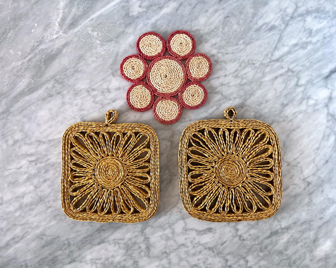 Set of 3 Mid Century Style Rattan Flower Trivets - Colorful Boho ...