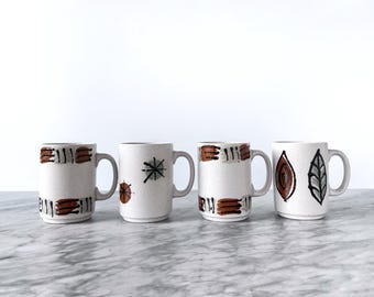 Set of 4 Vintage MCM Rough Textured Mugs - Boho Hand Painted Brushstroke Stoneware Coffee Tea Cup