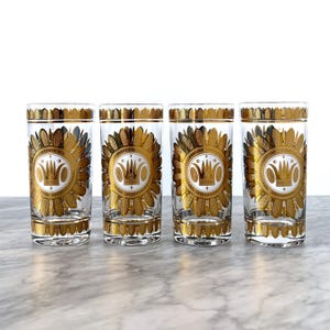 Set of 4 1960s Georges Briard &quot;Hawaiian Crown&quot; Highball Glasses - MCM Midcentury Vintage Cocktail Bar Tray Cart