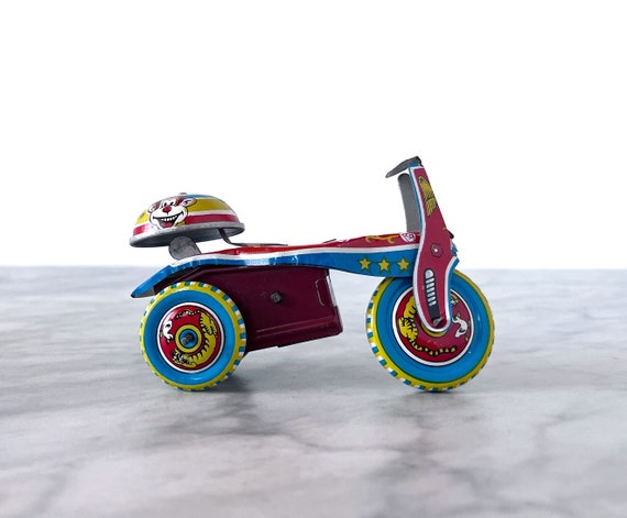 Vintage Miniature Tin Windup Motorcycle Trike Toy (WORKS, Missing