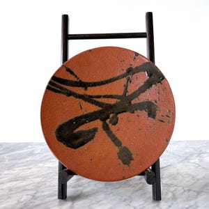 Vintage Studio Pottery 10&quot; Display Plate with Stand - Brushstroke Raku Stoneware Handmade Bold Boho Colorful Decor