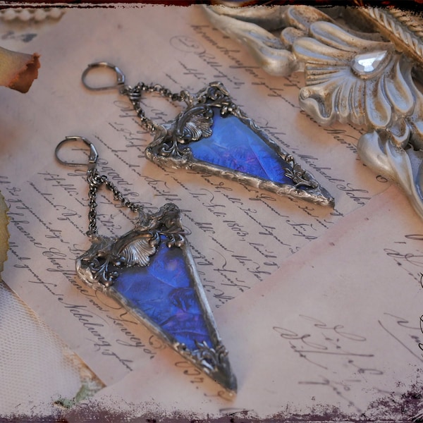 Boucles d'oreilles géométriques de style Art déco en verre miroir Van Gogh bleu cobalt violet et couleur vieil argent, bijoux Art déco