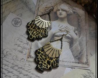 Black and Gold Art Deco Safari Earrings with Stamp and Brass Ear Hook, Black and Gold Art Deco Jewelry, Safari Jewelry