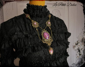 Reserve !! Do not buy !! style long necklace in bronze and pink color with vintage crystal heart rhinestones, Art Nouveau necklace