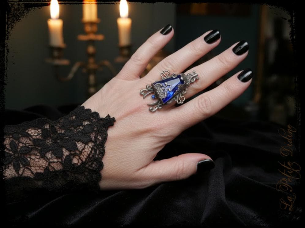 Bague En Argent Massif 925 Avec Cabochon Bleu - Taille 51/52, Occasion, Bijou Ancien