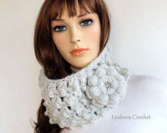 Crochet neck warmer Alpaca scarf cowl women. Chunky crochet cowl scarf. Warm soft white silver scarf winter crochet Christmas gift for her