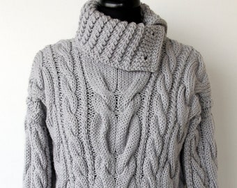 Hand Knit Sweater for Women, High Collar Sweater Pullover, Cable Knit Sweater, Oversized Sweater, Handmade Sweater, Blue Sky Sweater Warm