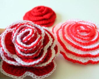 Red white crochet roses. Handmade crochet flowers roses. Christmas crochet gifts. Applique for headbands. Crochet rose flowers lot 3 pieces