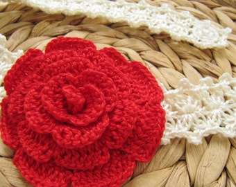 Crochet flower headband for baby girl. White crochet headband with red crochet rose. Baby girl crochet gift. Christmas gift for baby girl