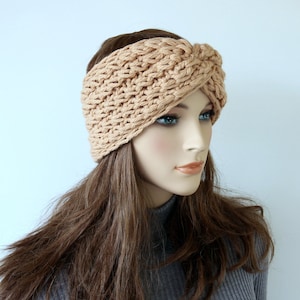 Hand Knitted Beige Headband for Women: Warm Soft Wide Ear Warmer Chunky Knit Twisted Turban Autumn Winter Knitting Gift for her