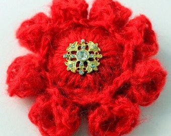 Red crochet flower brooch. Big crochet brooch flower. Crochet jewelry. Gift for her. Mohair brooch. Hand crocheted brooch. Ready to ship