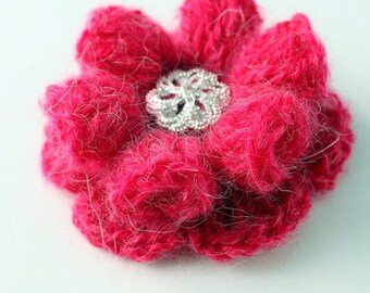 Unique design crochet flower brooch. Pink crochet large brooch 3d flower. Handmade crochet mohair flower brooch. Crochet gift for women