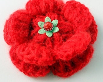 Red crochet flower brooch. Crochet puff stitch flower. Large crochet 3d flower. Christmas crochet gift for her. Hand crocheted mohair flower