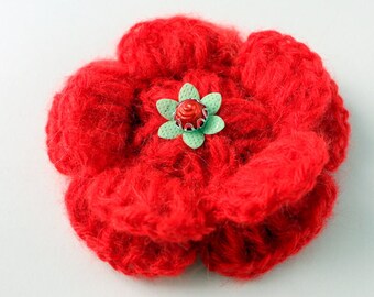Red Crochet Flower Brooch, Crochet Puff Flower, Crochet 3d Flower, Big Flower, Christmas Crochet Gift For Her, Hand Crocheted, Ready To Ship