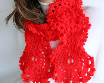 Handmade crochet lace scarf with flower. Red crochet long scarf for girl. Crochet gift for women. Hand crocheted scarf ready to ship