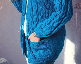 Handknit cardigan with pockets. Cable knit cardigan. Hand knitted blue cardigan with buttons. Handmade cardigan. Gift for men. Warm cardigan