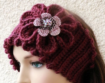 Crochet Headband, Warm Headband, Maroon Headband with Big Crochet Flower, Gift for Her, Crochet Ear Warmer, Luxury Headband Hand Crocheted