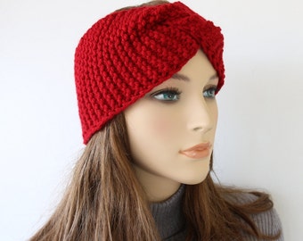 Warm Headband for Women, Handknit Headband, Red Headband, Ear Warmer Headband, Twisted Headband Turban, Knit Ear Warmer, Gift for Her