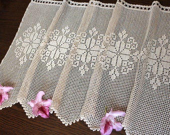 Hand crocheted curtain for kitchen or bedroom. Unique housewarming crochet gift for women. Ecru crochet lace curtain beautiful home decor