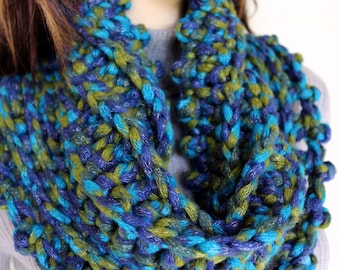 Hand crocheted scarf cowl for women. Chunky crochet scarf neck warmer. Multicolour blue scarf circle. Warm winter scarf crochet gift for her