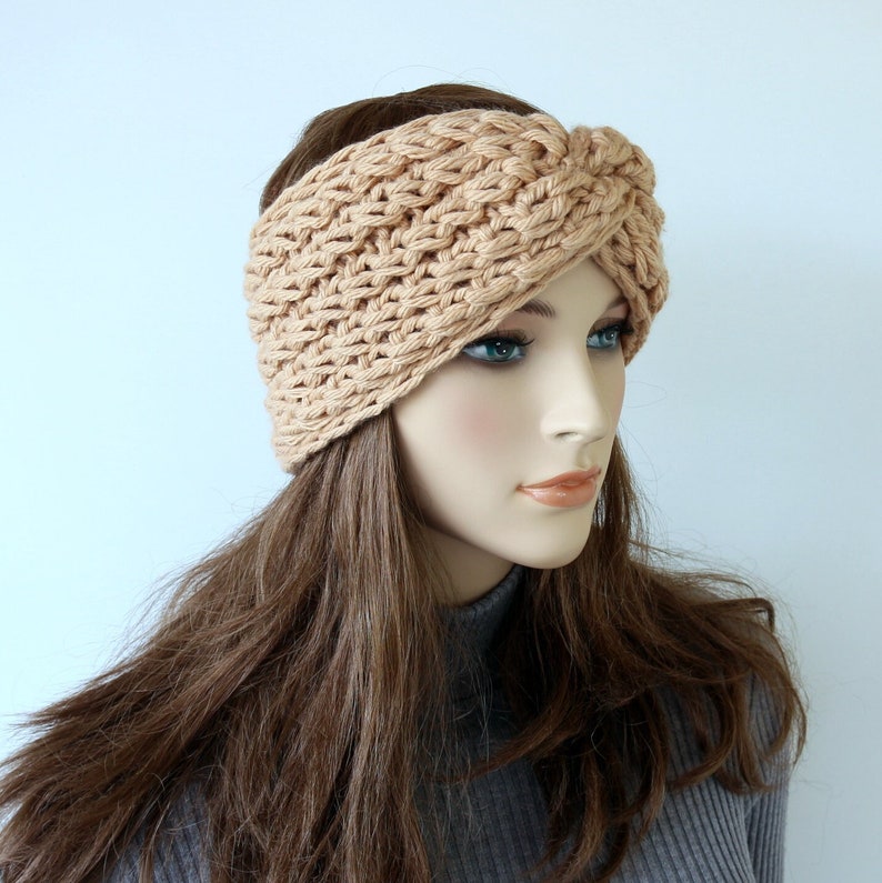 Knitted ear warmer, Winter headband, Headband women gift, Hand knit headband, Beige headband, Chunky knit warm headband, Twisted headband