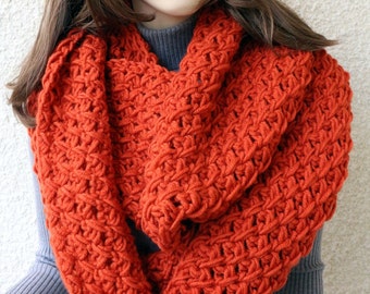 Hand crocheted infinity orange scarf. Super chunky crochet circle scarf. Oversize scarf unique design. Fall fashion scarf for women and men