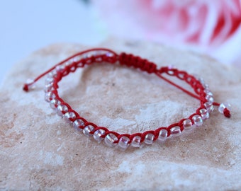 Crochet bracelet with beads, Red cord bracelet with white beads, Christmas gifts for her, Minimalist bracelets, Unique bracelets handmade