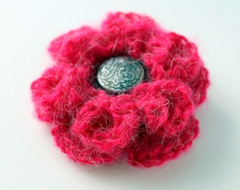 Pink crochet flower brooch. Mohair flower brooch. Unique crochet jewelry. Crochet gift for her. Christmas gift for women Hand crochet brooch