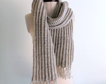 Handmade crochet long scarf. Beige scarf for men and women. Warm scarf Autumn gift. Wool scarf gift for men. Fashion crochet scarf