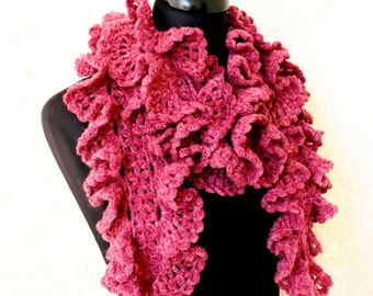 Crochet ruffle scarf, Berry scarf, Warm scarf for women, Gift for her, Hand crocheted scarf, Unique crochet design scarf, Winter gift women