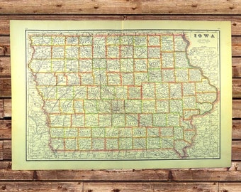 Vintage IOWA Map of Iowa Wall Art Decor LARGE Colorful County Original Mens Gift