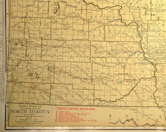 Vintage NORTH DAKOTA Railroad Map Wall Art Decor Original Antique Mens Gift